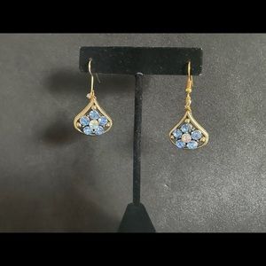 Handmade Blue Rhinestone Flower Gold Dangle Earrings